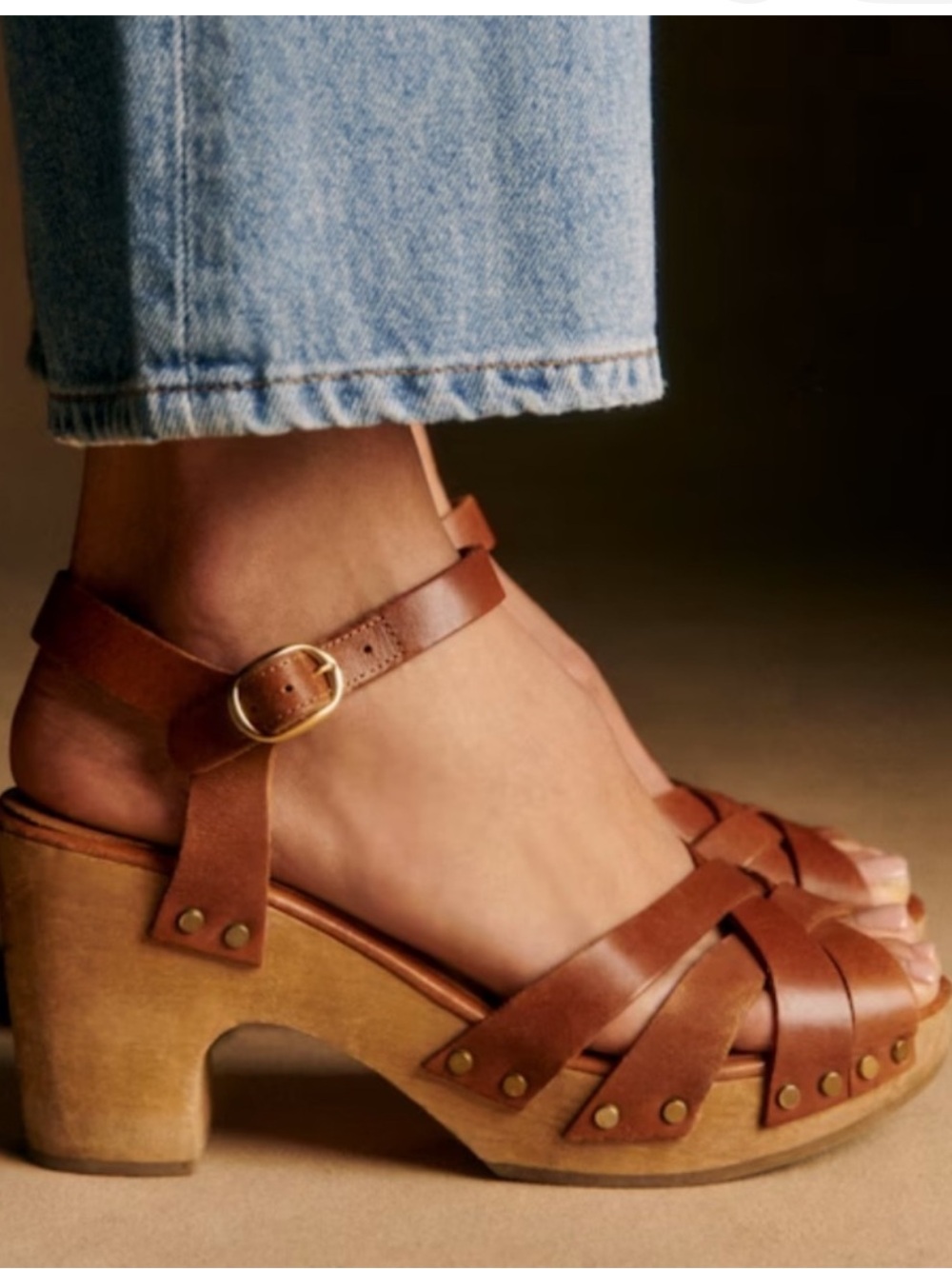 Sezane Isabelle Tan Brown Leather Strappy Clog Sandals EU41 US11